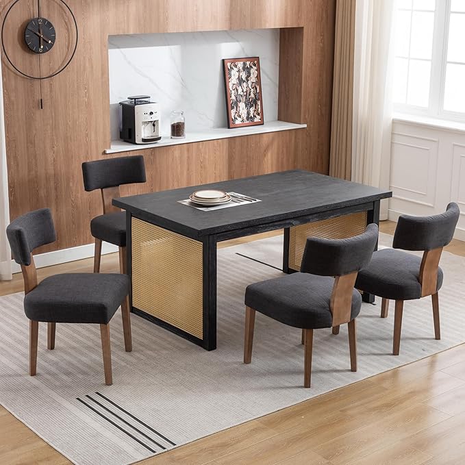 Linen Dining Chairs Set of 4, Modern Dining Chair with Curved Backrest and Wood Legs Upholstered Dining Chairs Farmhouse Dining Room Chairs Kitchen Chairs, Charcoal