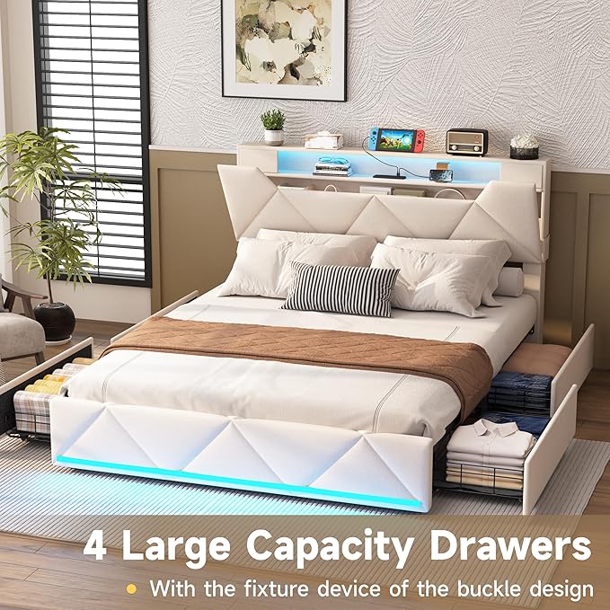 Vabches Full Bed Frame with Storage Headboard and 4 Drawers,Upholstered Platform with Charging Station and Led Lights,Adjustable Headboard,No Box Spring Needed,Beige