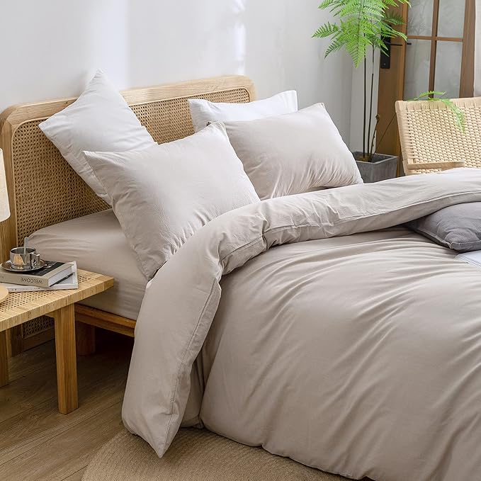 BESTOUCH Duvet Cover Set 100% Washed Cotton Linen Feel Super Soft Comfortable Chic Lightweight 3 PCs Home Bedding Set Solid Linen Grey Super King