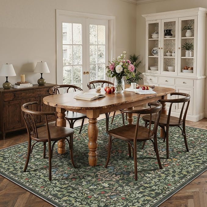 GENIMO Large 8x10 Area Rug for Living Room, Boho Floral Vintage Non-Slip Carpet, Soft Low-Pile Lightweight Indoor Rug, Stain Resistant Thin Rug for Bedroom, Dining Room, Nursery, Emerald Green
