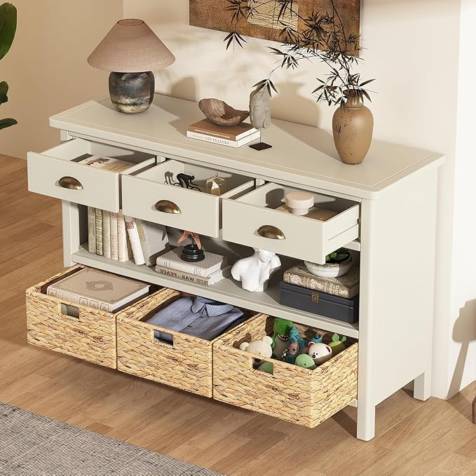 GDFStudio 47" Retro Console Table with 3 Drawers & Water Hyacinth Baskets, Wooden Entryway Buffet Table with Lower Shelf, Vintage Side Board Storage Cabinet for Entryway Living Room, Antique White