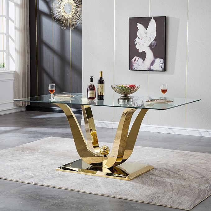70" Modern Gold Glass Dining Table Set for 4, 5-Piece Rectangle Kitchen Dining Room Table Set with Steel Base & 4 Green Velvet Upholstered Chairs, Modern Glass Kitchen Table and Chairs Set of 4