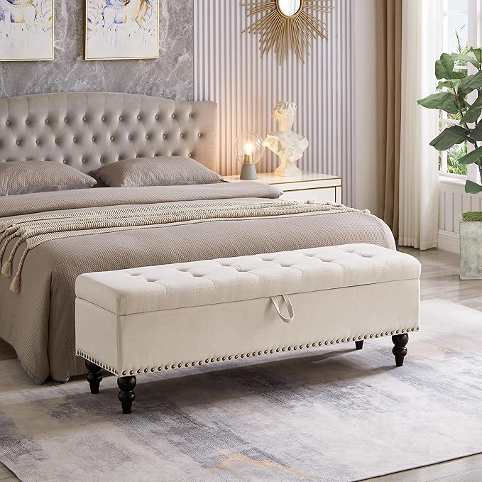 mikibama Linen Storage Bench for Bedroom End of Bed,59" Long Tufted Bed Bench with Storage,Modern Mid Century Storage Ottoman Bench for Window,Entryway,Living Room Solid Wood Legs (Beige)