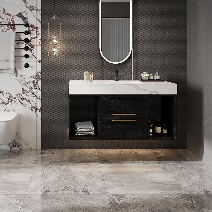 Goujxcy 39.4" Wall Mounted Bathroom Vanity with Sink, Modern Floating Bathroom Cabinet with Ceramic Sink & 2 Drawers, Wood Hanging Bath Room Cabinet with Soft-Close System (White & Black)