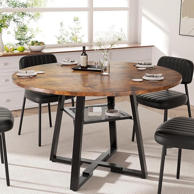 Round Dining Table for 4-6 People,47 Inch Dining Room Table,Modern Circle Kitchen Table with Storage Shelf and Metal Legs for Dining Room,Kitchen,Vintage(Table Only)