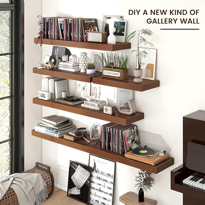 Floating Shelves for Wall, 48 Inch Wide x 12 Inch Deep Floating Shelves, Long Wood Floating Wall Shelf Shelves for Living Room Bathroom Bedroom Kitchen Home - (Walnut, 48" W x 12" D x 2" H)