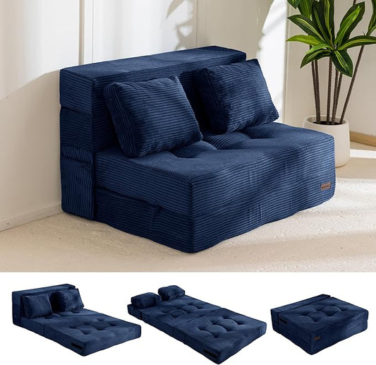 MAXYOYO Convertible Sofa Bed, Fold Out Sleeper Sofa with Pillow, 4 in 1 Tufted Folding Couch Bed Foam Floor Couch, Lazy Chair for Living Room Bedroom Guest Room, Navy
