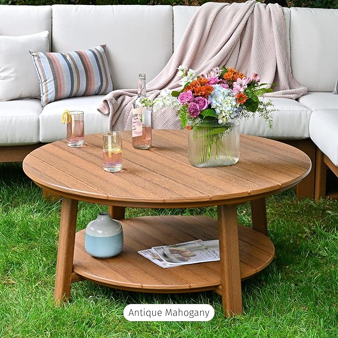LuxCraft Deluxe Poly Round Outdoor Coffee Table, Two Tier Coffee Table, Round Conversation Tables for Outside Patio with Lower Shelf - Amish Made in USA (Chestnut Brown)