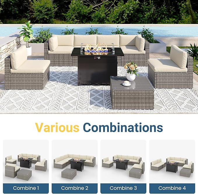 8 Pieces Outdoor Patio Furniture Set with 43" Fire Pit Table, Wicker Outdoor Patio Sectional Sofas with Coffee Table and Cushions, All-Weather Patio Conversation Set for Backyard Garden, Beige