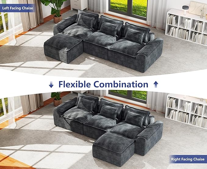 Hobestluk 120" Cloud Modular Sectional Couch 3-Seater Sofa with Ottoman L Shaped Sofa with Removable Cover Large Sofa Couch for Living Room (Blue Grey, 3-Seater Sofa with One Ottoman)