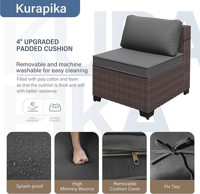 Kurapika 7 Pieces Patio Furniture Set, Rattan Wicker Outdoor Conversation Sets w/4 Inch Cushion and Glass Coffee Table(Grey)