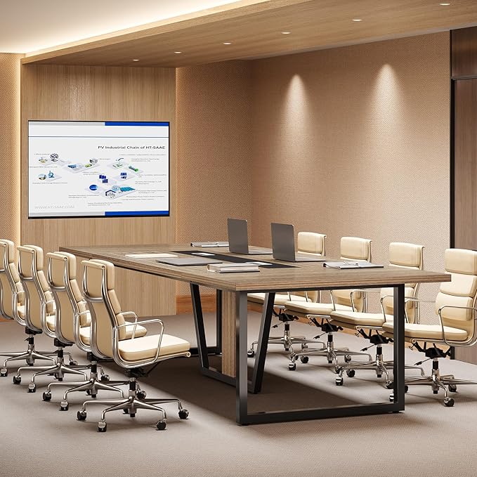 LITTLE TREE 8FT Conference Table for 10 People, Large Meeting Table, Modern Wooden Conference Room Table with Cable Management, Business Training Table with Strong Metal Legs for Office, Maple Color