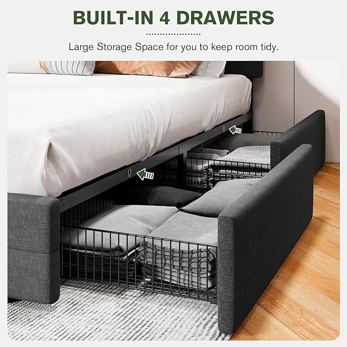 MUTICOR Full Size Bed Frame with 4 Storage Drawers, Upholstered Platform Bed with Button Tufted Adjustable Headboard, No Box Spring Needed, Easy Assembly, Square Tufted, Dark Grey Fabric