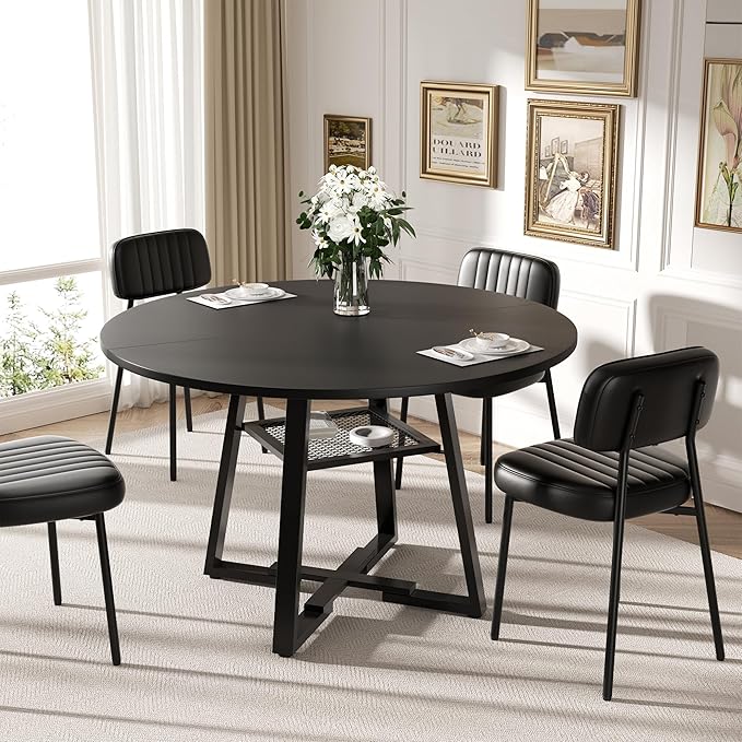 Round Dining Table for 2-4 People,42 Inch Dining Room Table,Modern Circle Kitchen Table with Storage Shelf and Metal Legs for Dining Room,Kitchen,Black (Table Only)