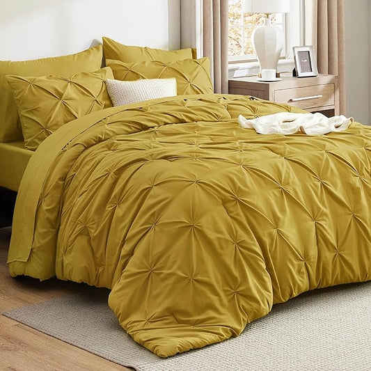 Bedsure Full Comforter Set Mustard Yellow - Bed in a Bag Full Size Bedding Set 7 Pieces, GentleSoft™ Pintuck Bed Set Gift for Family, Pinch Pleat All Season Comforter with Sheets, Pillowcases & Shams