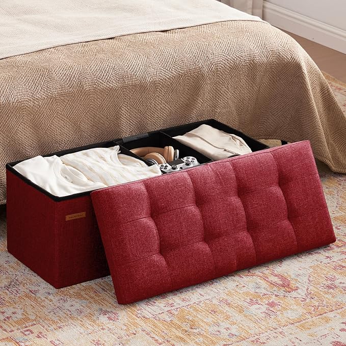 HAUSFRAU 31.5 Inches Ottoman with Storage Bench, Folding Ottoman Bench Small Foot Rest Stool, Bedroom Bench with Flipping Lid, Linen Bordeaux