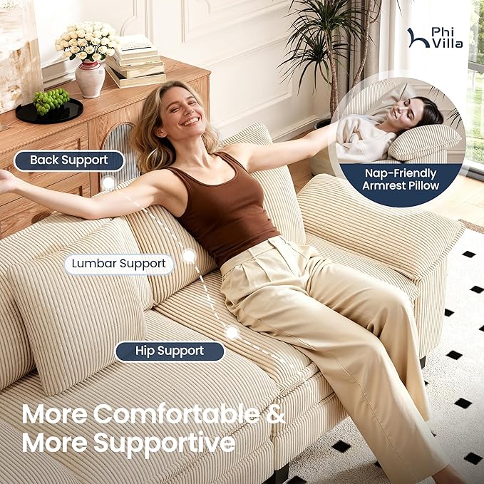 PHI VILLA Oversized Single Sofa Chair with Deep Seat, Cloud Upholstered Reading Armchair, 1 Seater Comfy Sofa Chair for Bedroom Nook, Corduroy, Beige