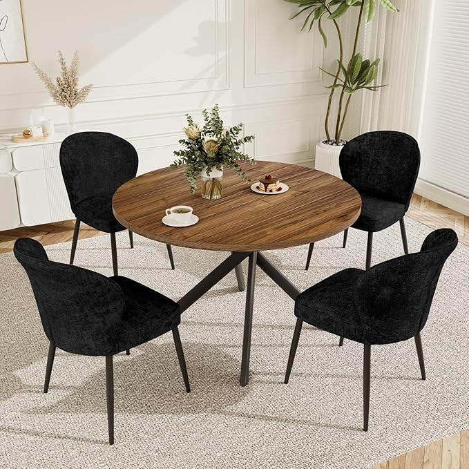 Dining Chairs Set of 2, Modern Fabric Dining Room Chairs with Curved Backrest Well-Padded Seat, Upholstered Kitchen Chairs for Living Dining Room, Black