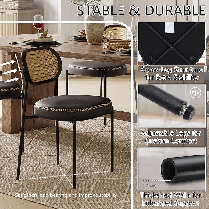 Rattan Dining Chairs Set of 6, Black Leather Upholstered Dining Chairs with Rattan Cane Back, Mid Century Modern Dining Room Chairs with Black Metal Legs & D-Shaped Thicken Cushion