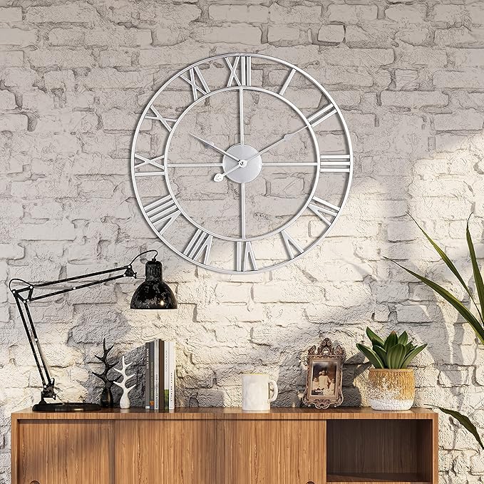 1st owned Large Wall Clock, Metal Retro Roman Numeral Clock, Modern Round Wall Clocks Almost Silent, Easy to Read for Living Room/Home/Kitchen/Bedroom/Office/School Decor (Silver, 24 Inch)