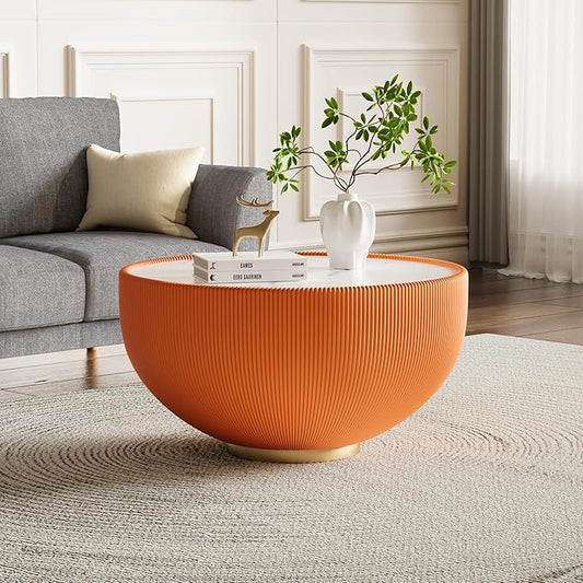 Orange Round Coffee Table with Sintered Stone Tabletop, 29.53" Drum Coffee Table with Fluted PU Leather Covered and Metal Base, Circle Cocktail Tea Table for Living Room