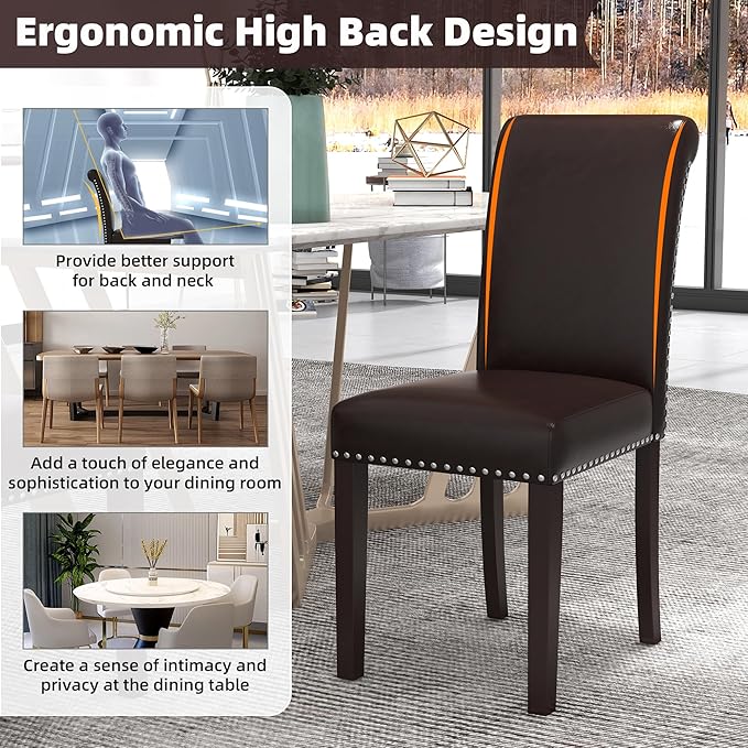 Westice Dining Room Chairs Set of 2 Upholstered PU Leather Kitchen Chairs Dining Room Side Chair with Nailhead Trim and Rubber Wood Legs for Small Space Apartment, Brown