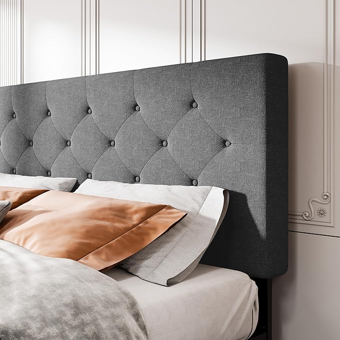 MUTICOR Queen Size Bed Frame with 4 Storage Drawers, Upholstered Platform Bed with Button Tufted Adjustable Headboard, No Box Spring Needed, Easy Assembly, Diamond Tufted, Dark Grey Fabric