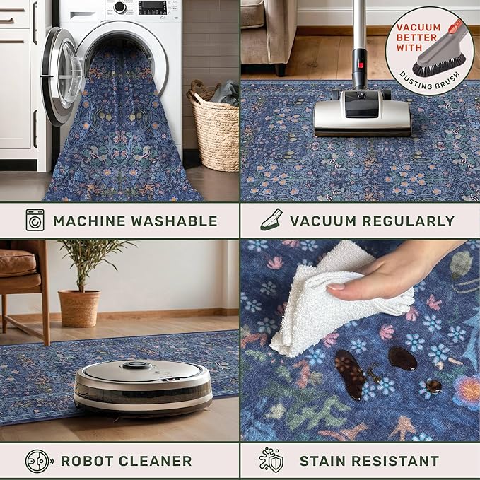 Vintage Dark Blue 4x6 Area Rugs for Large Entryway, Bedroom Beside Rug, Kitchen, Mudroom, Non-Slip Low Pile Ultra Soft Stain Resistant Small Floral Carpet