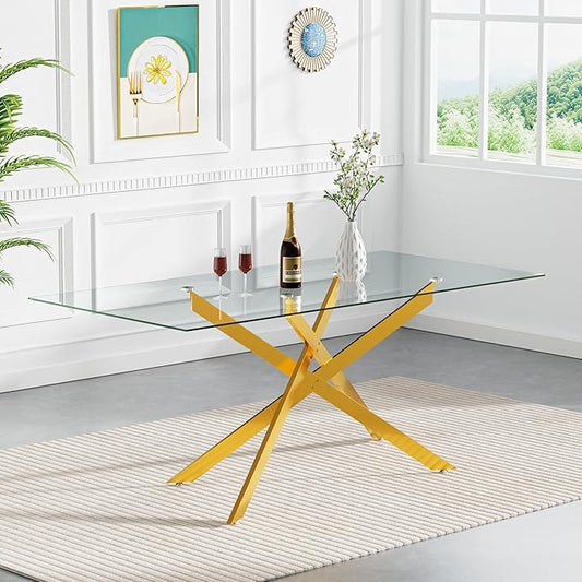 60" Rectangular Glass Dining Room Table for 6 with Tempered Glass Top and Gold Metal Legs, Modern Clear Kitchen and Dinner Table for Home Office Dining Room