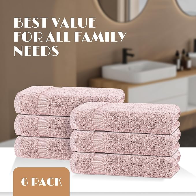 Wealuxe Pink Bath Towels 24x50 Inch, Cotton Towel Set for Bathroom, Hotel, Gym, Spa, Soft Extra Absorbent Quick Dry 6 Pack