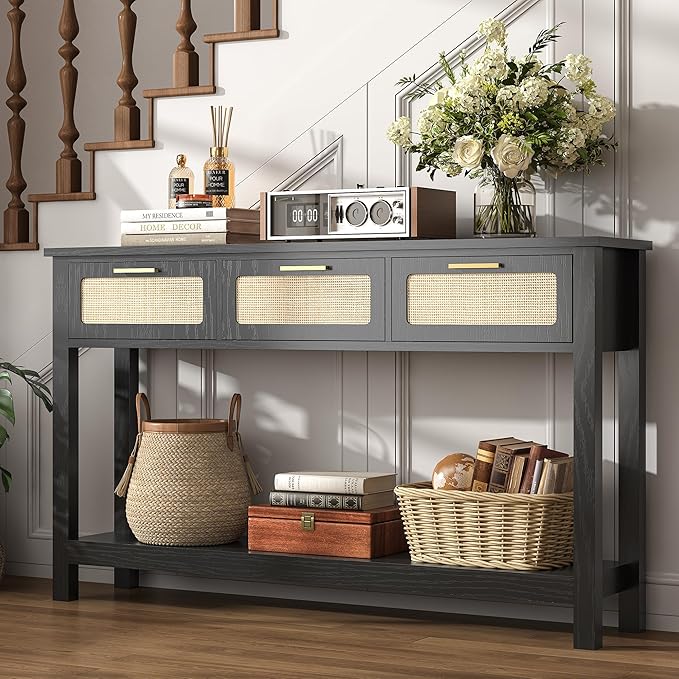 ELYKEN 51.2" Black Console Tables for Entryway, Rattan Entryway Table with 3 Drawer & Shelf, Narrow Long Sofa Table for Behind Couch Hallway, Entrance Entry Living Room