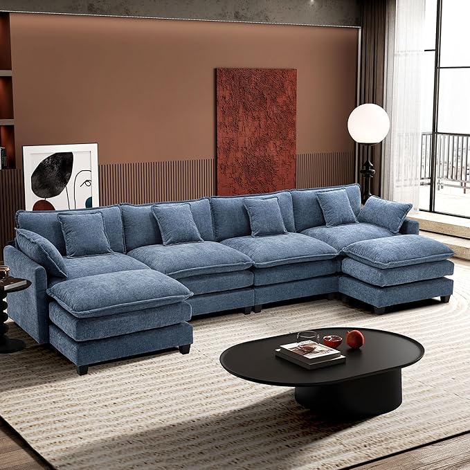 Ihanherry 146" U-Shaped Modern Sofa Modular Sectional Cloud Couch with 2 Ottoman, 6-Seat Chenille Deep Seat Sofa with 6 Pillows for Living Room, Bedroom and Apartment, Blue