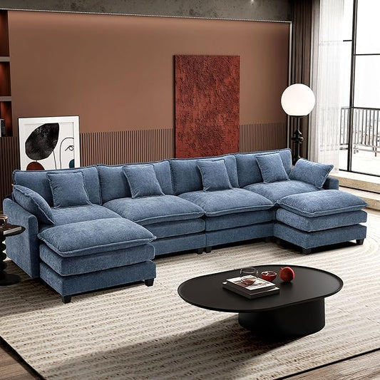 Ihanherry 146" U-Shaped Modern Sofa Modular Sectional Cloud Couch with 2 Ottoman, 6-Seat Chenille Deep Seat Sofa with 6 Pillows for Living Room, Bedroom and Apartment, Blue