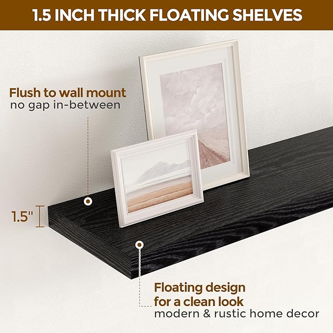 Fun Memories Floating Shelves for Wall, 48 x 9.3 Large Floating Shelf Wall Mounted Set of 2, Rustic Wood Shelves for Bathroom, Kitchen, Living, Heavy-Duty Storage Deep Shelf for Books, Decor, Black