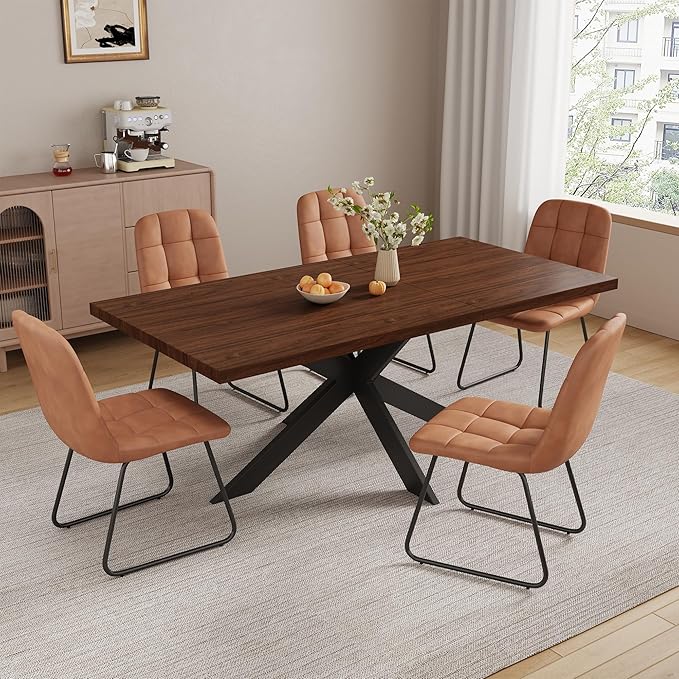 ZckyCine Modern 7-Piece Dining Table Set, 51''-67'' Extendable Walnut Wood Rectangular Table with Metal Legs and 6 PU Leather Chairs, Kitchen & Dining Room Furniture for 6, Easy Assembly