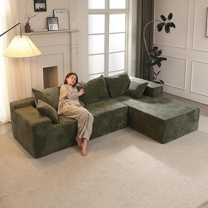 Green Boneless Couches for Living Room – Sectional Cloud Couch in Box, Modular L-Shaped Sofa with Deep Seating for Bedroom Lounge Office, Soft Corduroy Fabric