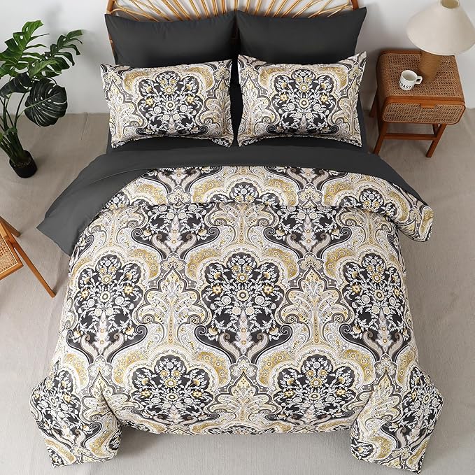 Drucon Boho Paisley Comforter Set Queen Size, 7 Pieces Bed in a Bag Black Gold Comforter Set, Soft Lightweight Bedding Set (1 Comforter, 1 Flat Sheet, 1 Fitted Sheet, 2 Pillow Shams, 2 Pillowcases)