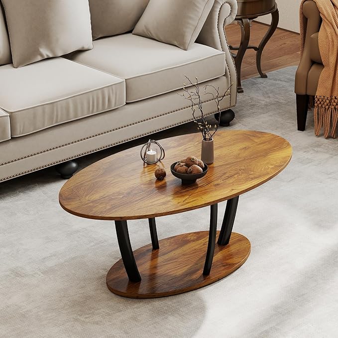 Manora Rustic Small Oval Coffee Table for Living Room, Narrow Wood Center Table with Shelf, Retro Style Coffee Table with Curved Metal Legs, Stable and Easy Assembly, Rusric Brown