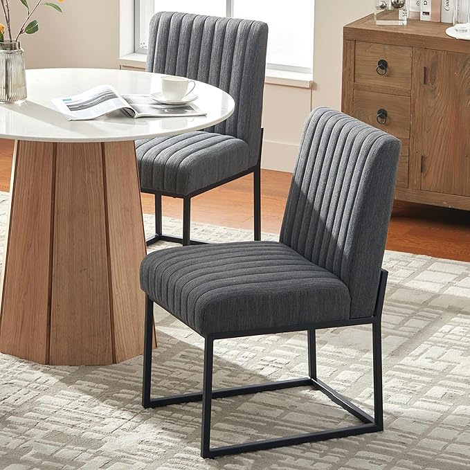 VKNOW Upholstered Dining Chairs Set of 4, Modern Dining Room Chairs with Stripe, Linen Kitchen Chair Dinner Chair with Black Metal Base for Kitchen Office, Dark Grey