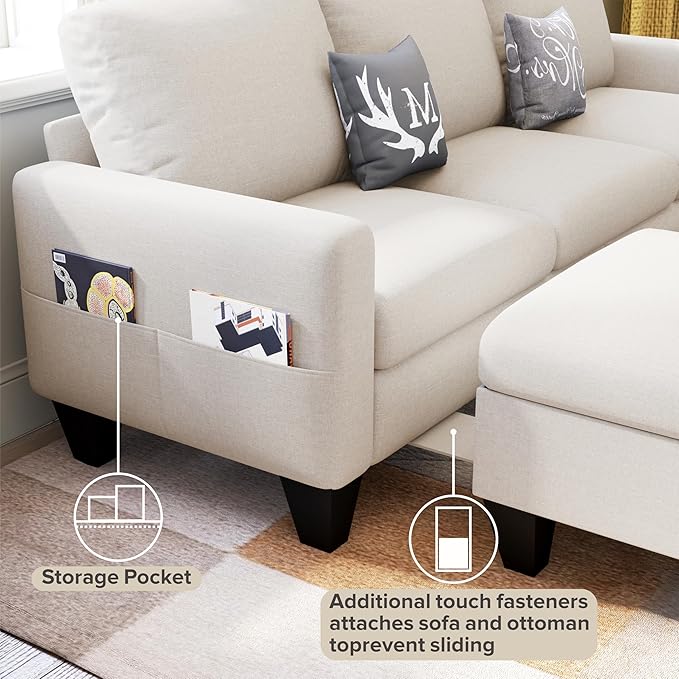 Sectional Sofa Couches for Living Room, 78'' Beige 3 Seater L-Shaped Couch with Storage Ottoman, Comfy Fabric Convertible Sectionals Sofas with Chaise for Apartment, Office, Small Space