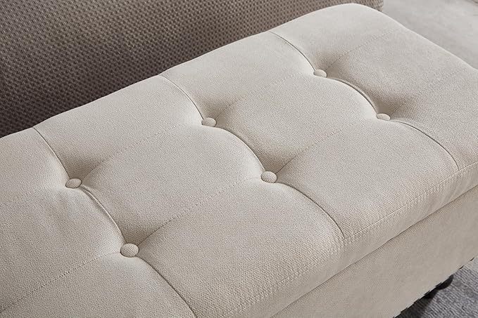 mikibama Linen Storage Bench for Bedroom End of Bed,59" Long Tufted Bed Bench with Storage,Modern Mid Century Storage Ottoman Bench for Window,Entryway,Living Room Solid Wood Legs (Beige)