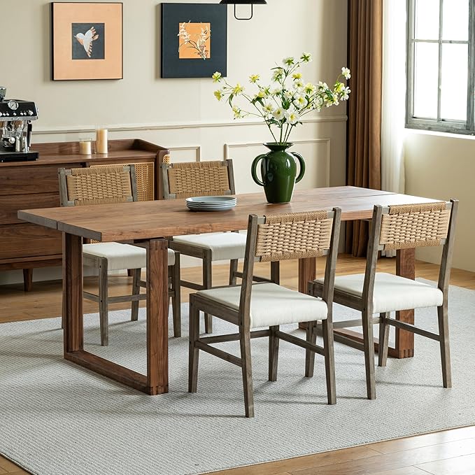 Chogori Wooden Dining Chairs, Modern Farmhouse Kitchen & Dining Room Accent Side Chairs with Woven Rope Back and Fabric Upholstered for Home, Living Room (Gray, Set of 4)