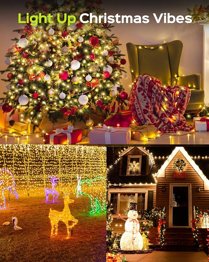 JACKYLED 300 LED Christmas String Lights, 110FT Connectable Waterproof String Lights Green Wire w/ 8 Modes & Memory, Christmas Decorations for Indoor Outdoor Xmas Tree Party Yard Garden, Warm White