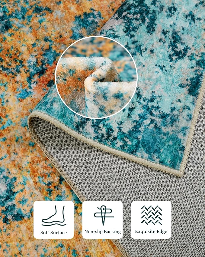 Washable Area Rug for Living Room: 10X14 Modern Abstract Neutral Soft Rug for Bedroom Dining Room No Slip Low Pile Carpet for Nursery Home Office - Teal/Orange