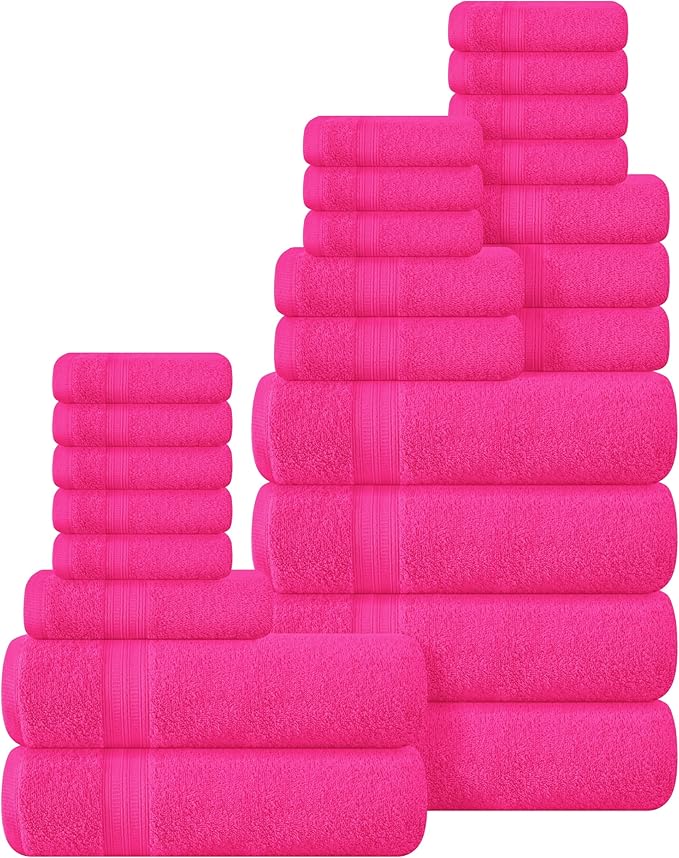 BOUTIQUO 24 Pack Cotton Towel Set, Contains 6 Bath Towels 27x54 inch, 6 Hand Towels 16x24 inch & 12 Wash Coths 12x12 inch, Ideal Everyday use, Ultra Soft Compact & Lightweight - Hot Pink