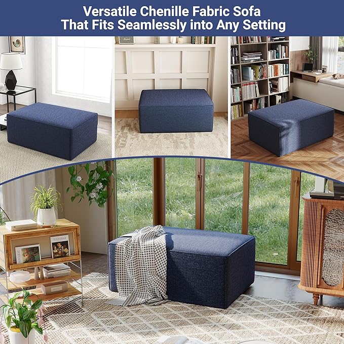 38“ Modular Sectional Sofa Convertible Cube Compressed Couch Seat Set, Combine L-Shaped U-Shaped, Free Assembly, Space-Saving for Living Room, Thick Foam Fabric Chenille Blue (Only Ottoman)