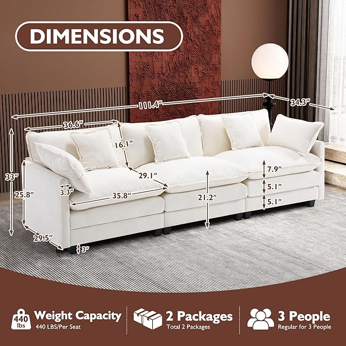 Ihanherry 111.4 Inch 3-Seater Cloud Sofa, Modular Sectional Couch, Modern Deep Seat Sofa for Living Room, Comfy Double Layer Upholstered Seat Cushion, Breathable Chenille Fabric, Beige