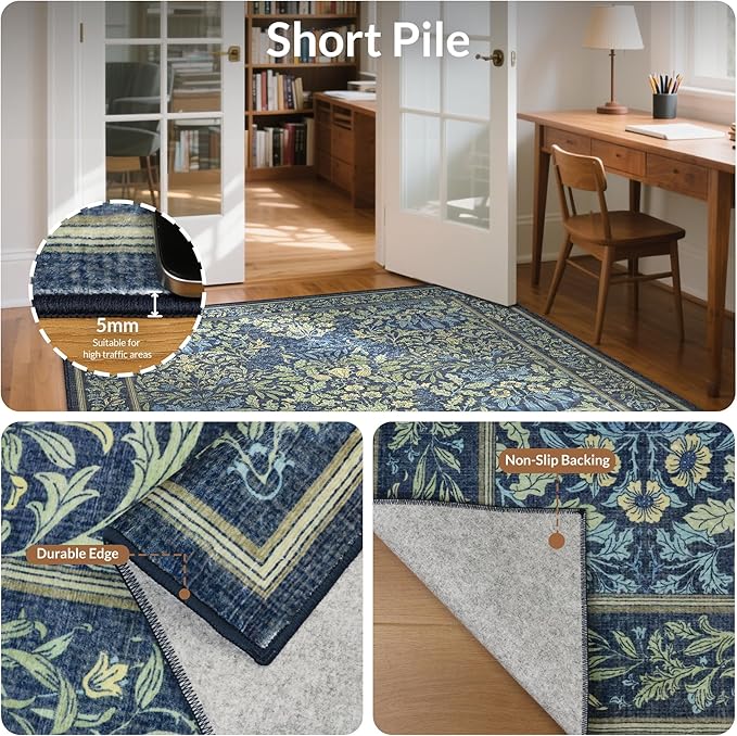 GENIMO Floral Washable Runner Rug 2’6”x8’, Non-Slip Long Hallway Carpet for Entryway, Kitchen, Indoor Floor Use, Vintage Boho Soft Thin Rug Décor, Dark Blue