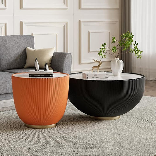 Round Coffee Table Set with Sintered Stone Tabletop, 27.56" Black Drum Center Table and 19.69" Orange Coffee Table Set, 2 Pieces Living Room Table Set with Fluted PU Leather Cover& Metal Base