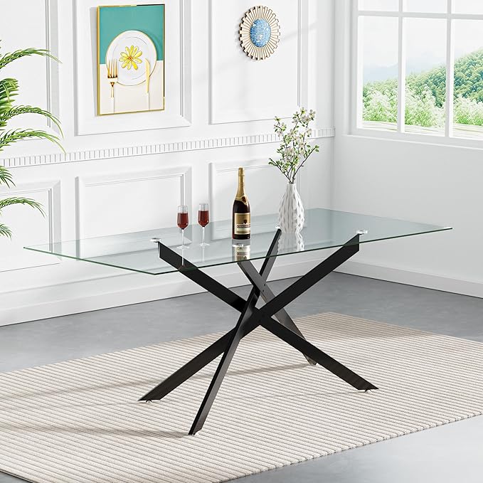 60" Rectangular Glass Dining Room Table for 6 with Tempered Glass Top and Black Metal Legs, Modern Clear Kitchen and Dinner Table for Home Office Dining Room